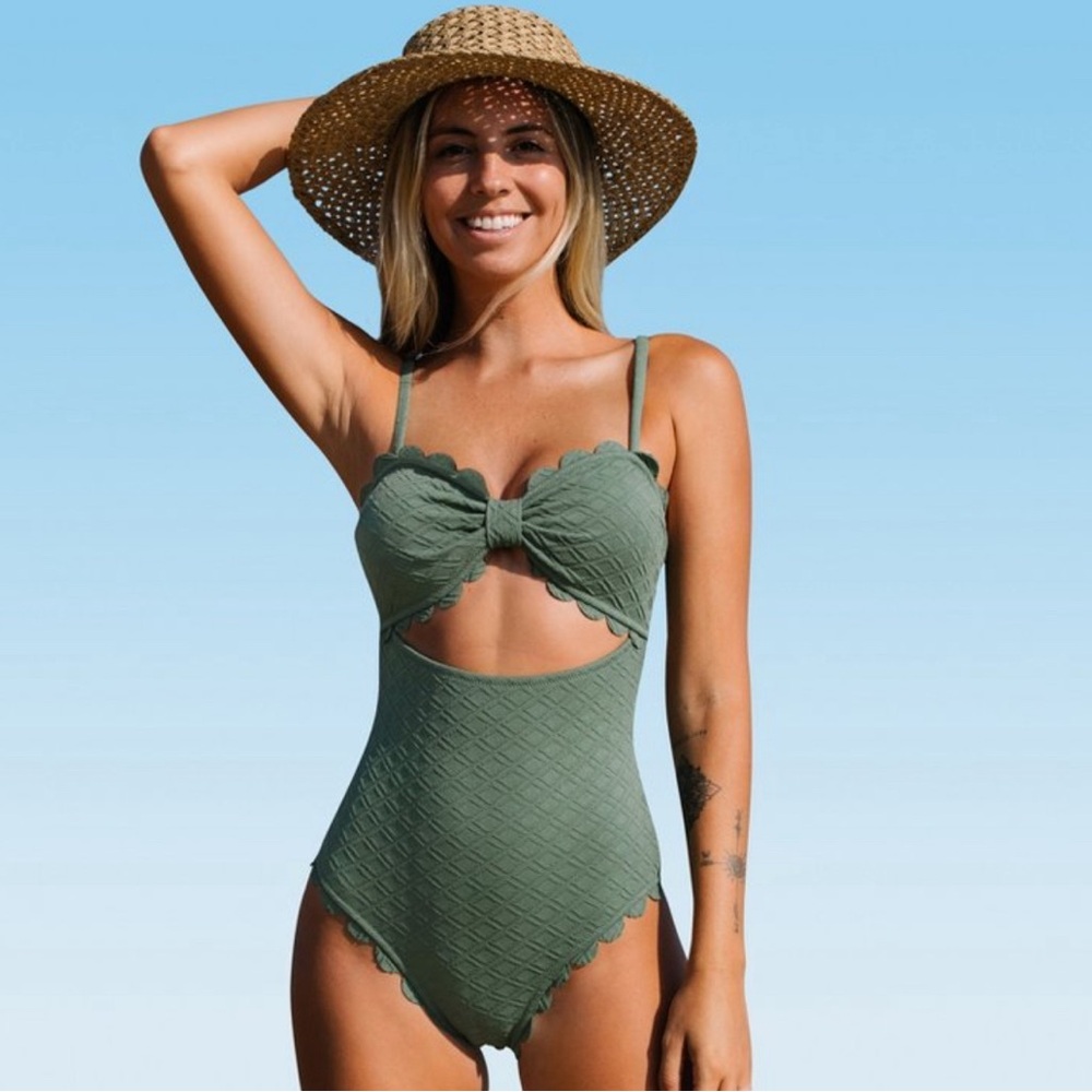 Textured Olive Green Cutout One-Piece Swimsuit - Women's Swim
